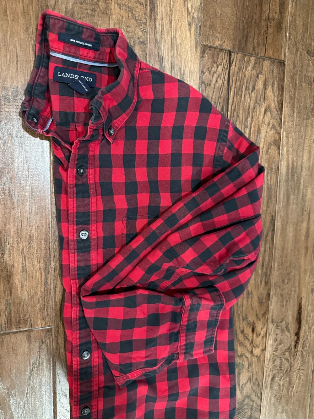 Lands' End Sail Rigger Oxford Men's Size Medium Fall Red Buffalo Plaid